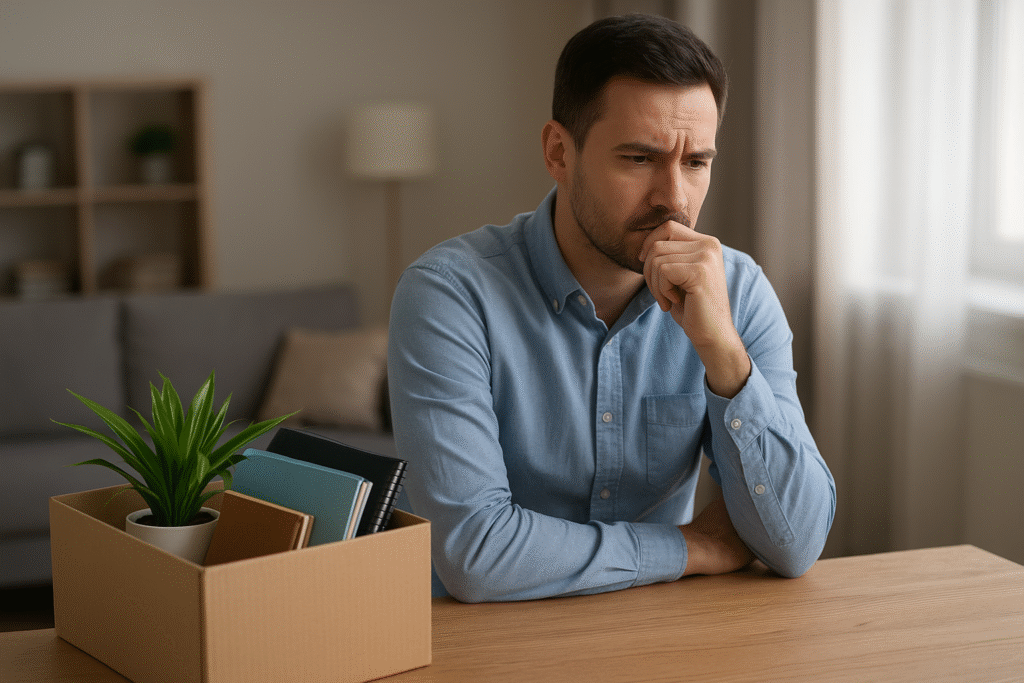 Homem pensativo sentado em casa, refletindo sobre o futuro após ser demitido. Caixa com pertences pessoais e planta sobre a mesa, simbolizando recomeço e planejamento financeiro.