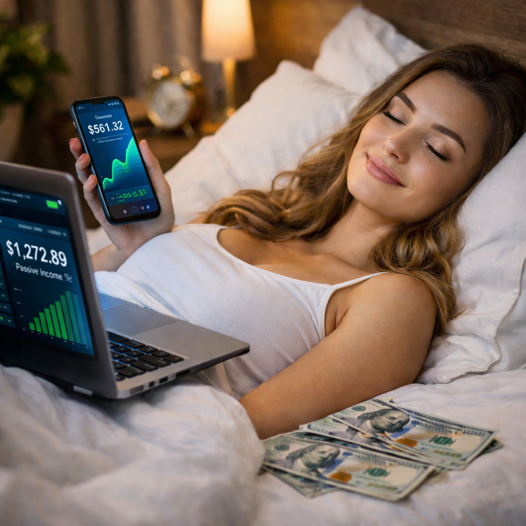 Mulher dormindo tranquilamente enquanto monitora ganhos de renda passiva no laptop e no celular, simbolizando estratégias inteligentes para ganhar dinheiro mesmo enquanto dorme.