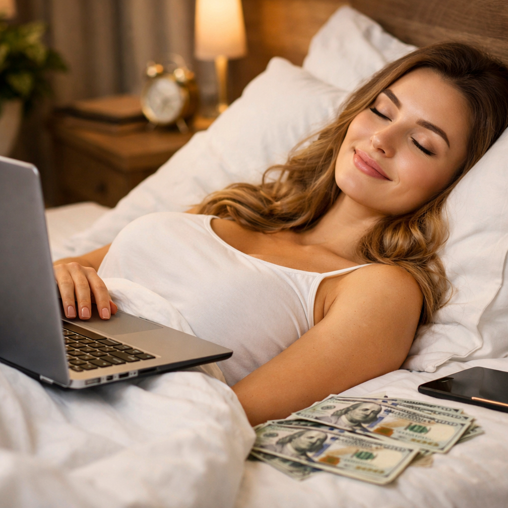 Mulher confiante trabalhando no notebook representando renda passiva inteligente e liberdade financeira ao ganhar dinheiro enquanto dorme