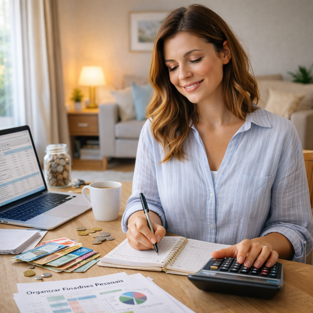 Mulher organizando suas finanças pessoais em casa, usando calculadora e caderno em uma mesa com dinheiro, notebook e planejador financeiro em um ambiente aconchegante
