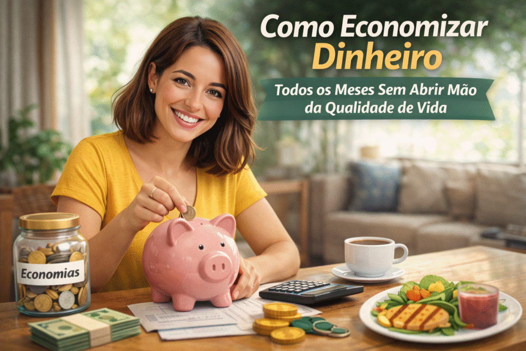 Mulher sorridente economizando dinheiro em casa ao colocar moedas em um cofrinho, em ambiente aconchegante, representando planejamento financeiro e qualidade de vida.