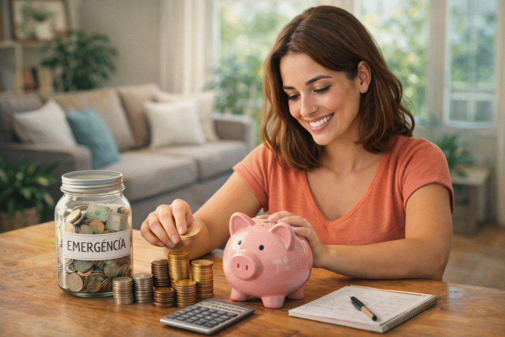 Mulher sorridente colocando moedas em um cofrinho em casa, organizando um fundo de emergência e planejando suas finanças pessoais.